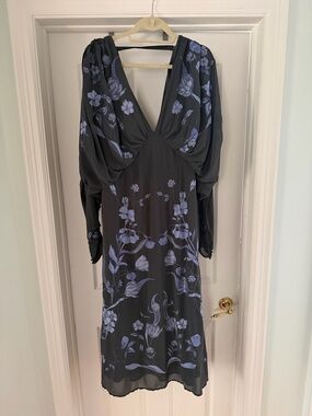 ASOS Edition batwing chiffon Midi Dress with blue Floral Embroidery